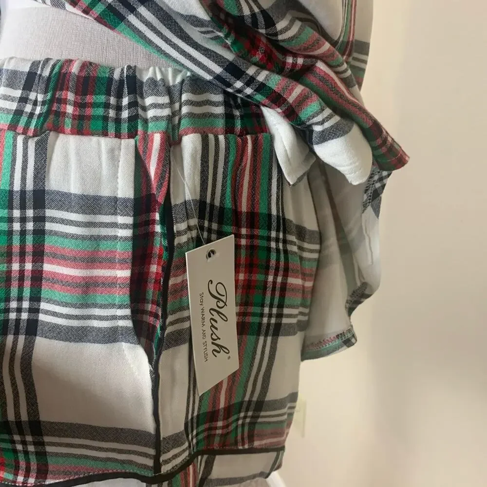 Plush Plaid Pajama Set White and Red Size Small